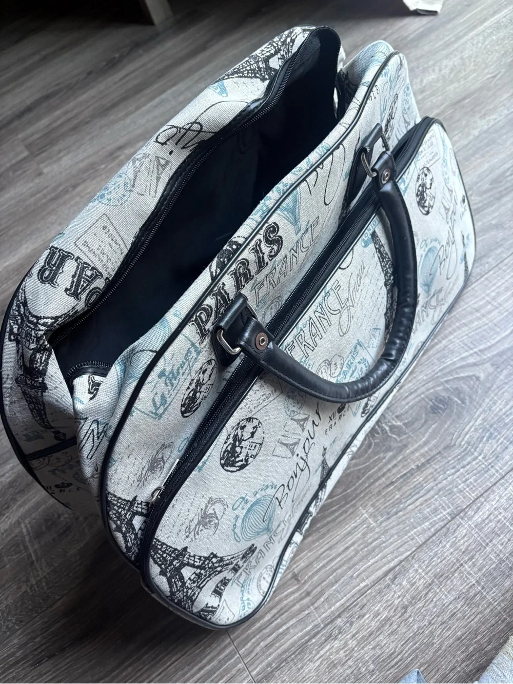 Paris Print Travel Weekender Bag in Light Gray and Black